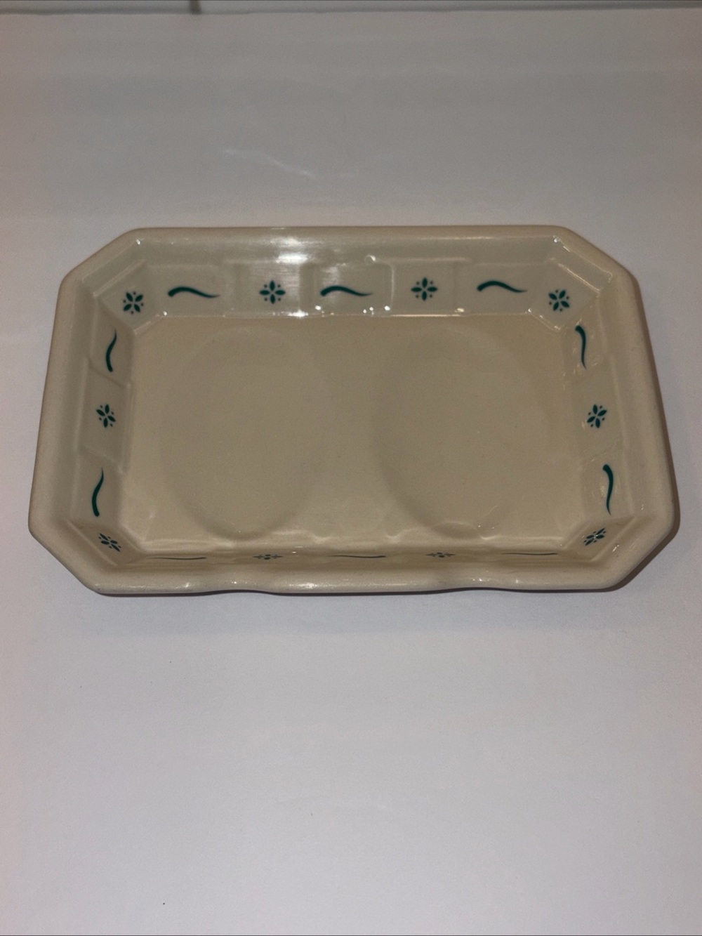 Longaberger USA Pottery Green Woven Traditions Double Spoon Rest
